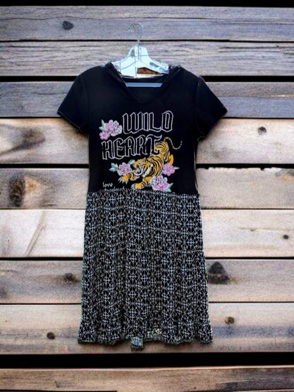 Upcycled Wild Heart Hooded Tiger Tee Dress XS S
